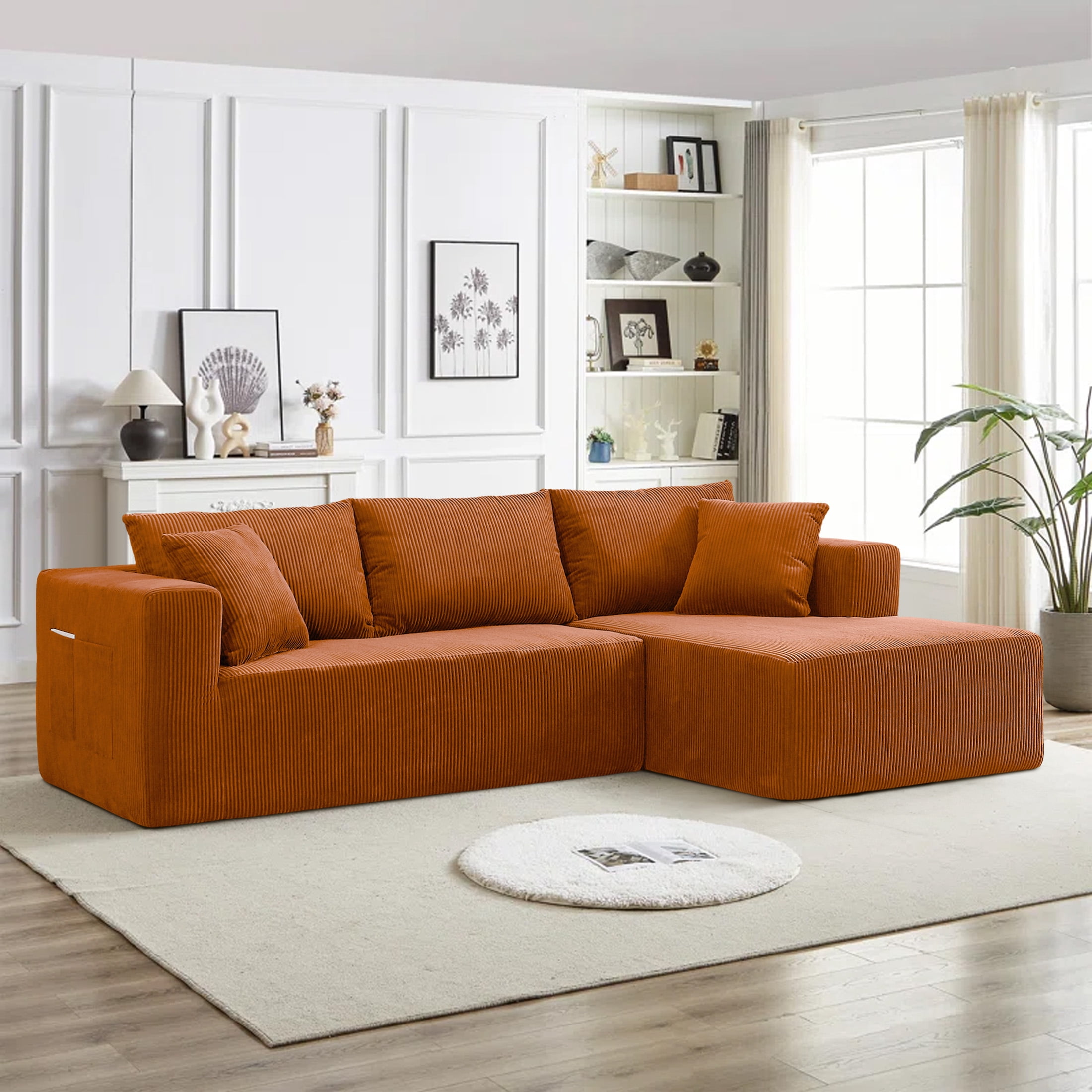 AENKYO 104'' Modular L-Shape Sectional Sofa with Chaise, Comfy Deep-Seat Cloud-Couch, Corduroy - Orange