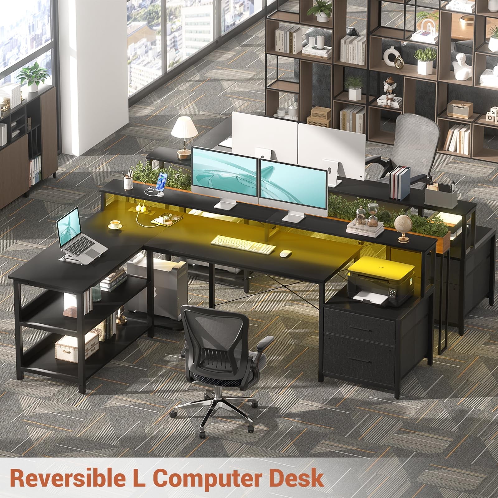 Homieasy L Shaped Desk with File Drawer, 72.8" Reversible L Shaped Computer Desk with Power Outlet & LED Strip, Gaming Desk with Monitor Stand, Office Desk Corner Desk with Storage Shelf, Black