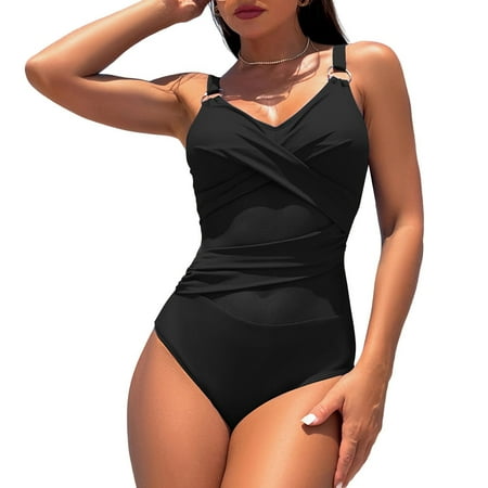 Kitem Women Monokini Deep V-Neck Sleeveless Slim Fit One-piece Bikini Solid Color Mesh Splicing Tummy Control Swimwear (Black XXL)