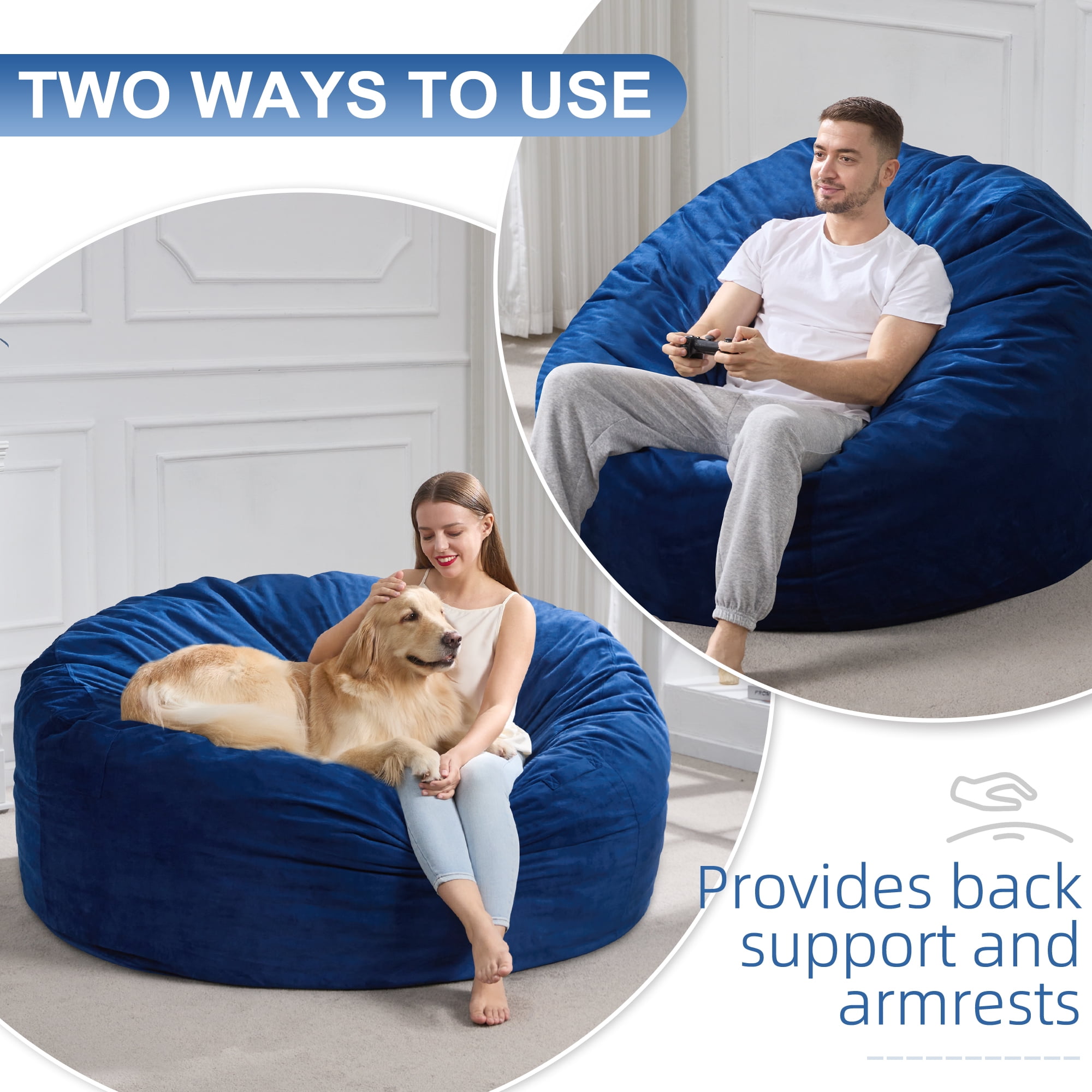 5FT Bean Bag Chair Bean Bag Chairs for Adults Giant Bean Chairs with Velvet Cover, Memory Foam BeanBag Chair Large Bean Bag Chairs for Adults for Living Room, Bedroom - Blue (50" x 50" x 24")