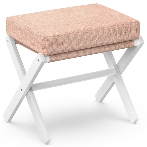 BAMBOOHOMIE Makeup Vanity Stool, Foldable Foot Stool for Vanity with Bamboo X Legs, Ottoman Foot Rest Chair with Small Padded, Modern Vanity Chair for Makeup Room Bedroom Living Room (Pink)