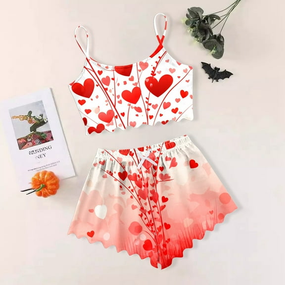 XINXIAOO Women's Heart Print Casual Pajama Shorts Set Top And Shorts for Women Pajama Short Pants for Women Women Petite Pajamas Set Ladies Pajama Set Pajamas Flannel Women Womens before Christmas
