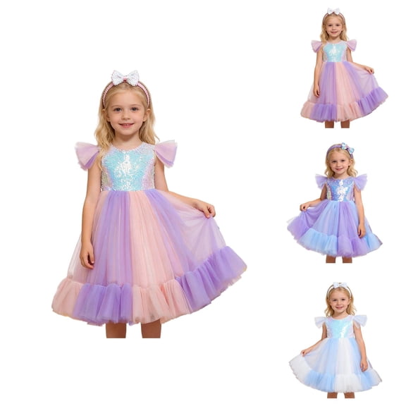 Dress For Girls Party Formal Gown With Glitter Sash And Hairband, Elegant Puffy Sleeves Tutu Skirt, Sequin Bubble Sleeve Princess Tulle Dress for Toddler Kids Birthday Pageant Events