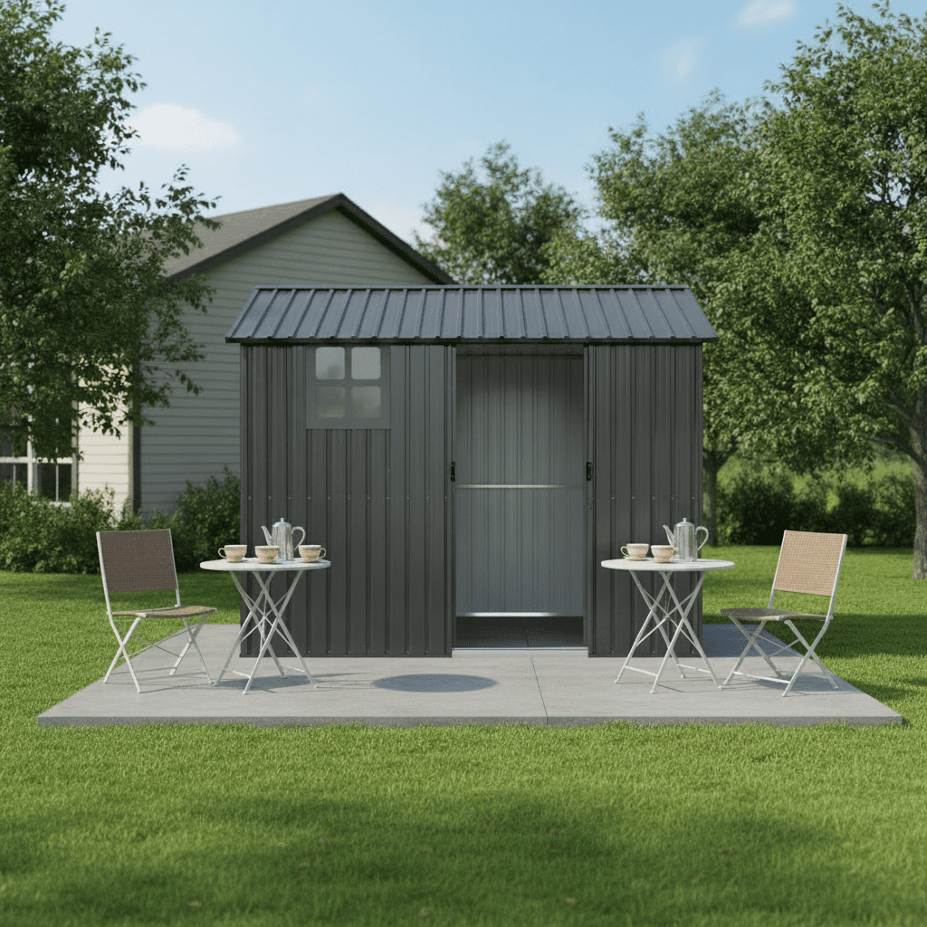 Mintazer 8×6ft Metal Outdoor Storage Shed with Lockable Sliding Doors & Window, Weatherproof Garden Tool Shed, Gray