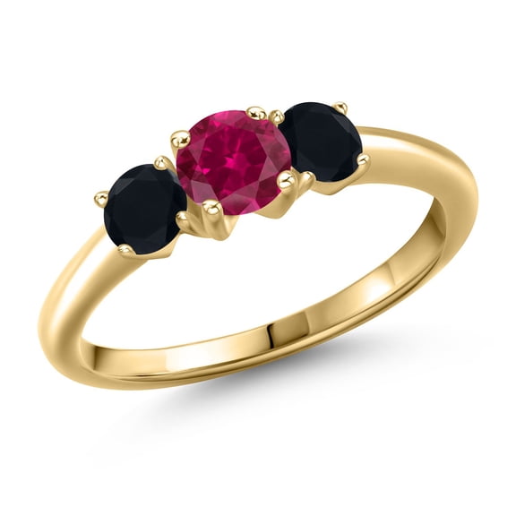 Gem Stone King 10K Yellow Gold Red Created Ruby and Black Onyx Engagement Ring for Women | 1.04 Cttw | Round 5MM | Gemstone July Birthstone | Size 8