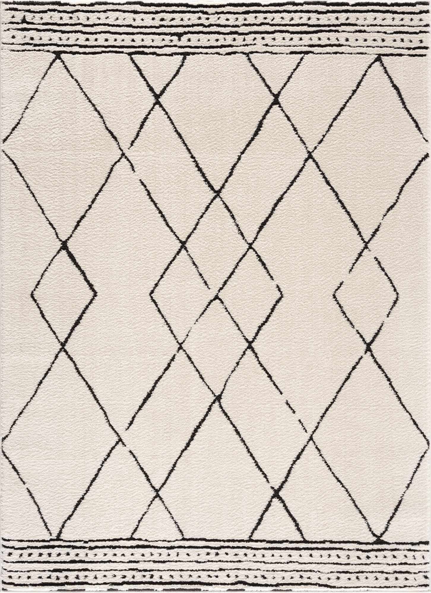 Hauteloom Mahsa Living Room, Bedroom Area Rug - Bohemian Farmhouse Moroccan Trellis - Cream, Black - 5'3" x 7'