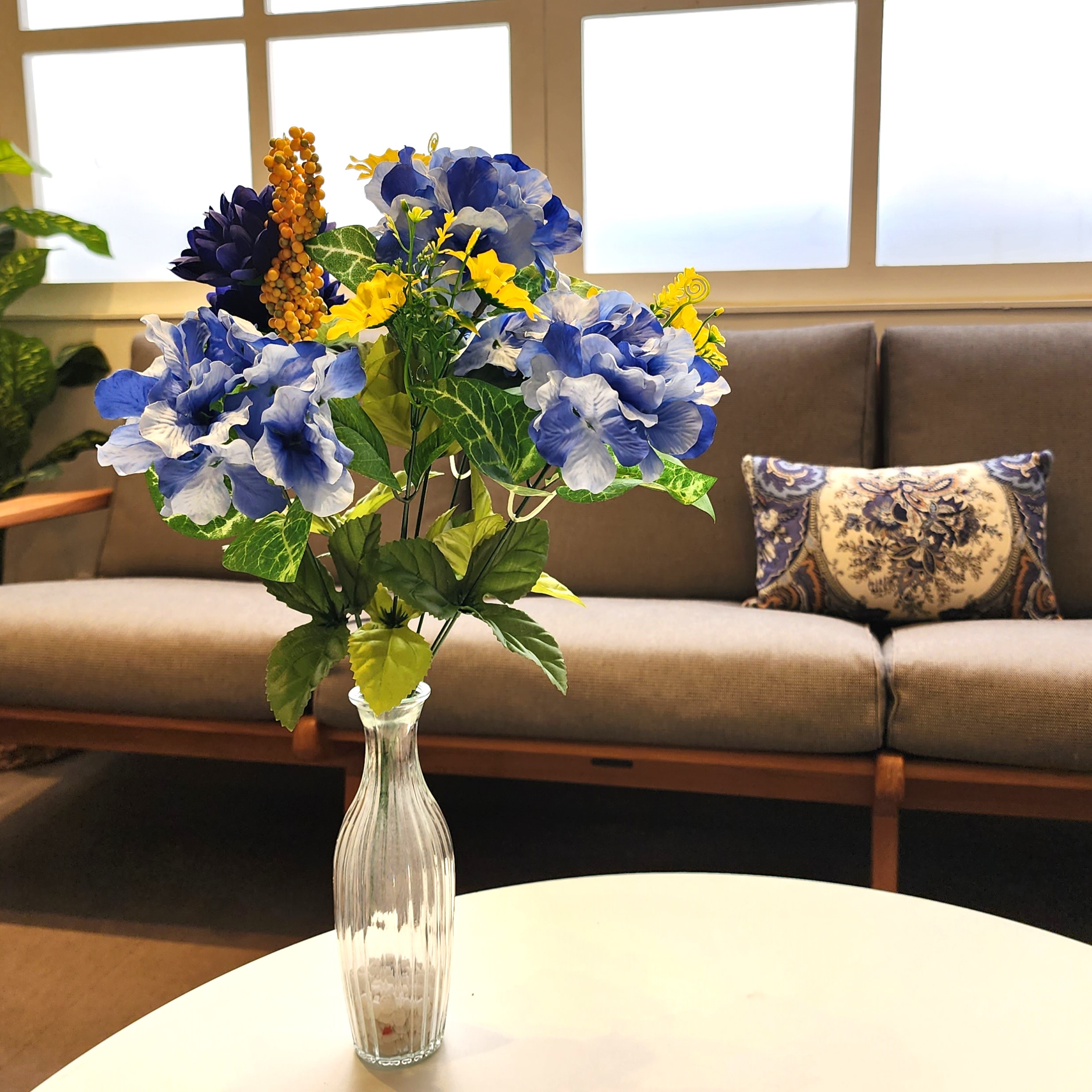 Mainstays Artificial Blue/Yellow Hydrangea 18 in Tall Summer Indoor Bush Decoration