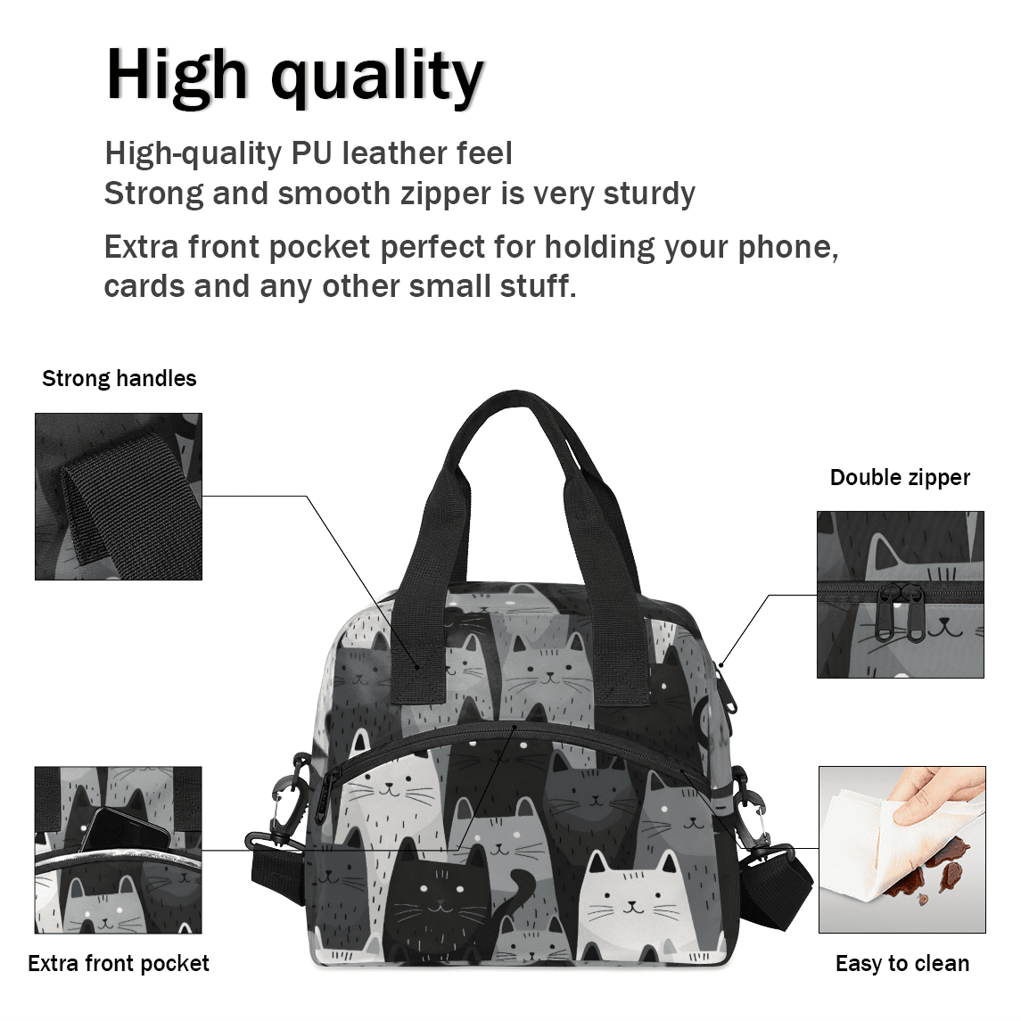 Herdesigns Cat Insulated Lunch Bag for Women Men Adults Large Reusable Lunch Box Gray White Black Cat Leakproof Cooler Tote Bags with Adjustable Shoulder Strap