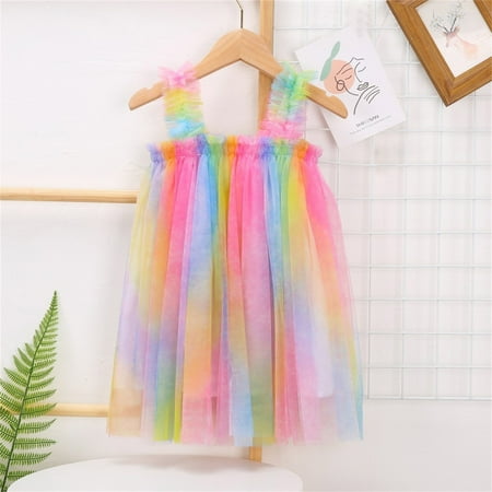 

Toddler Baby Kids Girls Rainbow Tie Dyed Summer Sleeveless Beach Tutu Dress Casual Layered Tulle Dresses Princess Birthday Party Beach Dresses 1-6Y