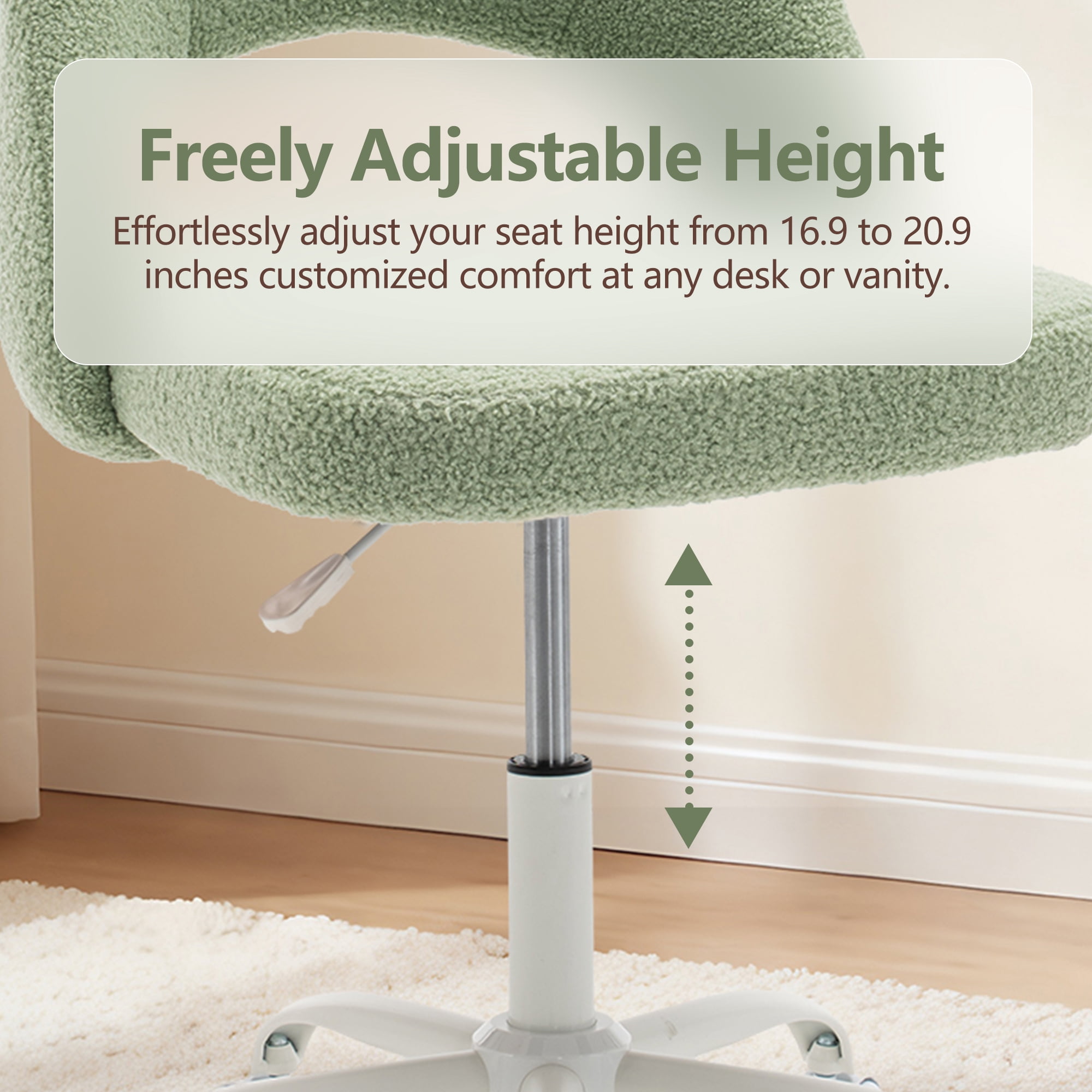 ENYLAY Green Fluffy Teddy Fleece Vanity Chair, Height Adjustable 360° Swivel Rolling Desk Chair, Ergonomic Upholstered Makeup Chair, Modern Cute Accent Chair for Bedroom Home Office Vanity Room
