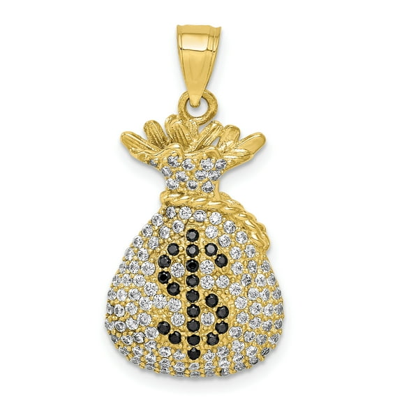 Finest Gold 10K Yellow Gold Black & Clear CZ Micro Pave Money Bag Pendant