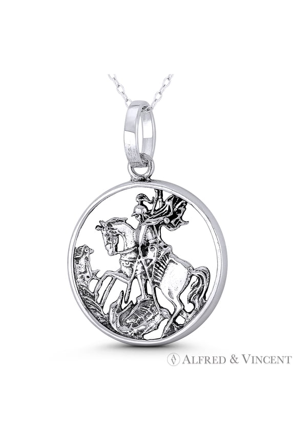 Medieval Knight Long-Spear Cavalry Charm 39x27mm (1.5x1.1in) Pendant & Chain Necklace in Oxidized .925 Sterling Silver