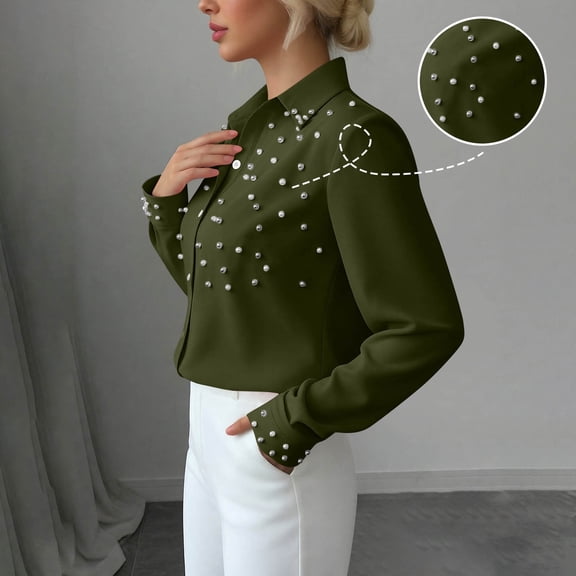 Blouse for Women Lapel Long Sleeve Fashion Loose Fit Pearl Beaded Button Down Shirt Soft Breathable Workwear Elegant Office Business Casual Tops