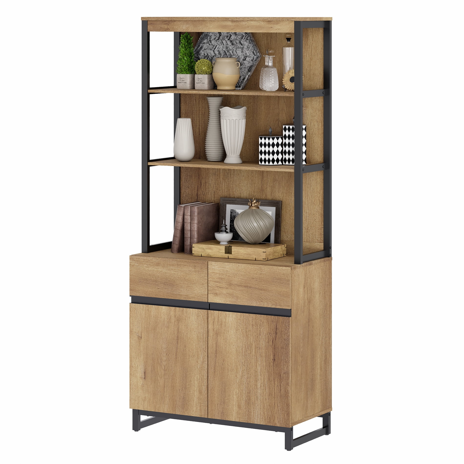 Modern 72" Tall Bookcase with Sturdy Metal Base, Freestanding Library Bookshelf with Adjustable Shelves, Closed Storage Cabinet and Open Display Shelves for Home Office, Living Room
