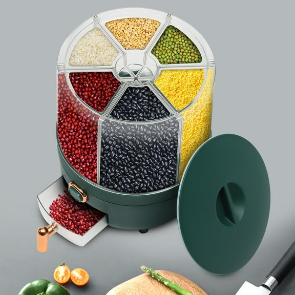 Multi-Compartment Grain Dispenser, 14.33lbs Capacity Rotating Container, Green Transparent PET with Quantitative Dispensing