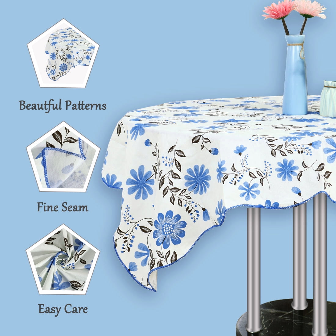 Unique Bargains Vinyl Square Tablecloth Blue Flower 53" x 53"