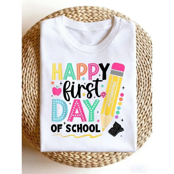Funny Vintage Graphic Women's T-Shirt Happy First Day of School Teacher Girls Short Sleeve Tees