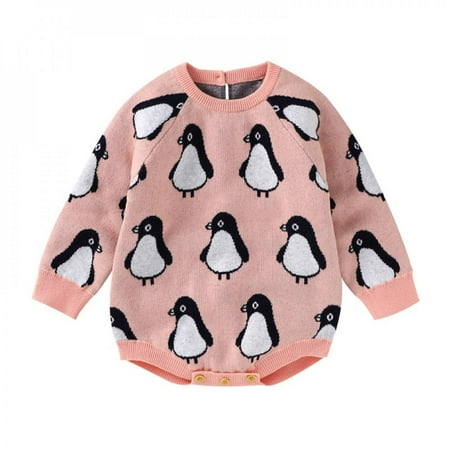 

Clearance Autumn Winter Baby Girl Cartoon Penguin Knitted Sweater Clothes Bodysuit Infant Long Sleeve Adorable Jumpsuit Outfits