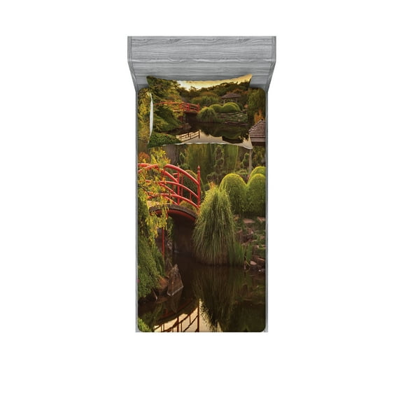 Ambesonne Japanese Fitted Sheet & Pillow Sham Set, Garden Asia Peace, Twin, Green Yellow