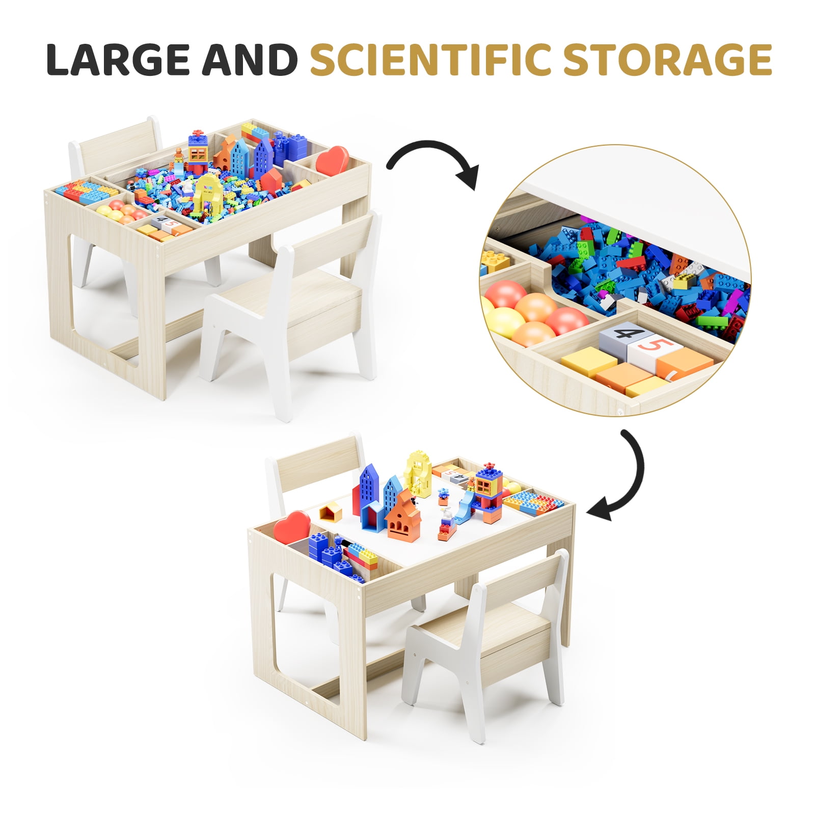 Arlopu Kids Table and Chair Set with Blackboard and Storage Space for Drawing, Reading, Build Blocks
