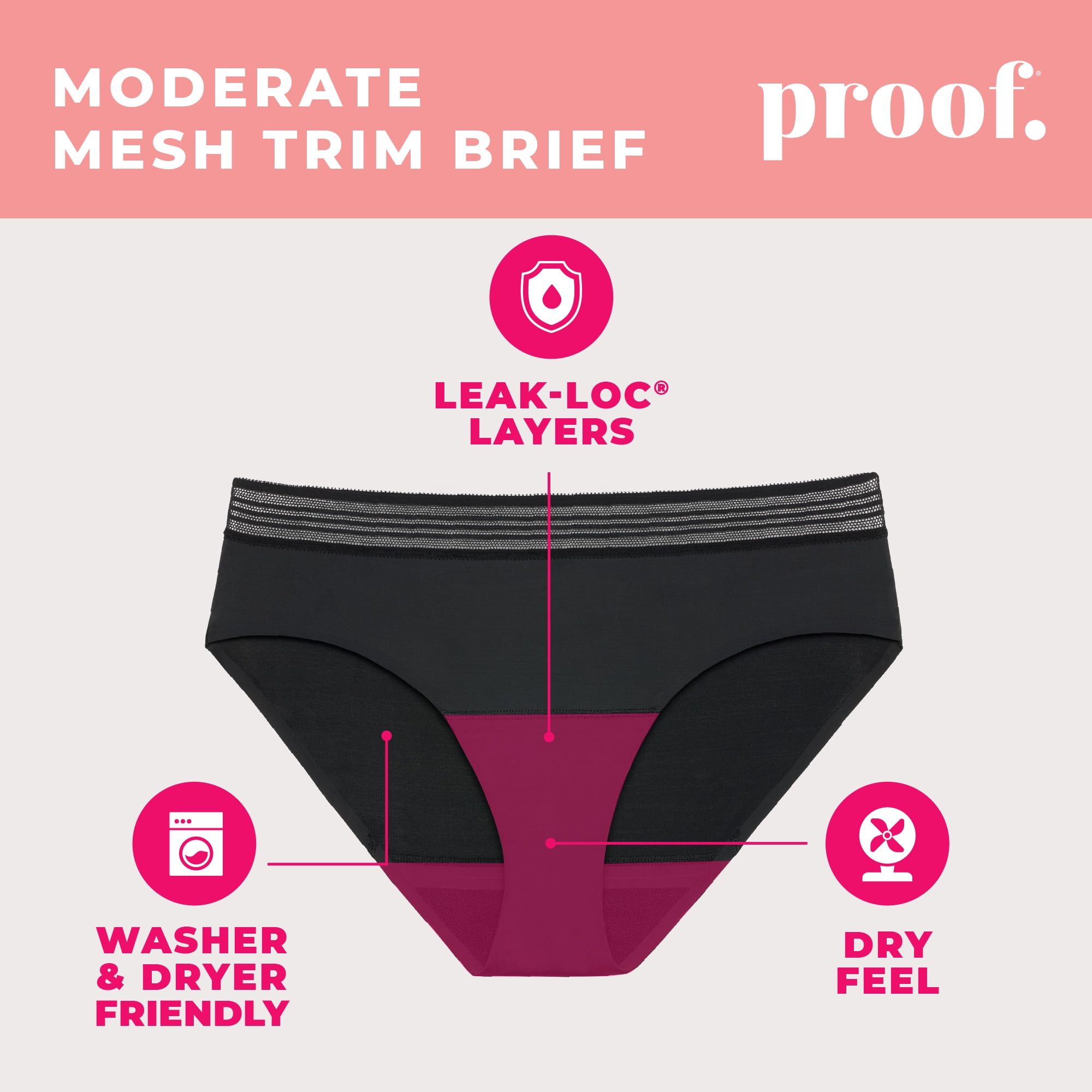 Proof Women's Moderate Absorbency, Brief Mesh Trim Period Underwear, Black, Choose Your Size