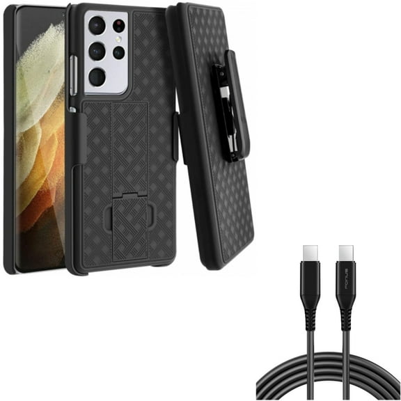Case Belt Clip w 6ft Long USB-C Cable for Samsung Galaxy S21 Ultra - Holster Swivel Cover, PD Fast Charger Cord Power Wire