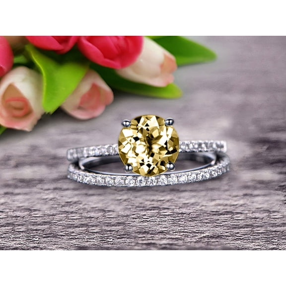 6mm Round Cut 2 Carat Stacking Matching Band Champagne Diamond Moissanite Engagement Ring Bridal Set Anniversary Gift 10k White Gold