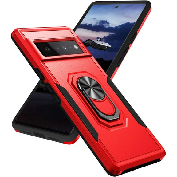 Phone Case for Google Pixel 6 Pro 5G Phone Case Heavy Duty Shockproof Phone Case for Pixel 6 Pro 5G Phone Case with Magnetic Ring Holder(Red Black)