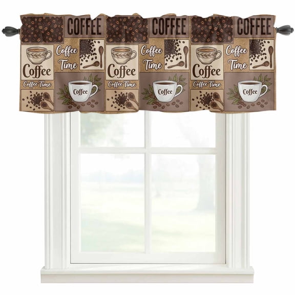 Light Brown Coffee Time Kitchen Valances for Windows, Vintige Farmhouse Coffee Beans Bathroom Window Valances 54x18 Inch Rod Pocket Window Treatments Valance Curtains for Living Room Bedroom Decor