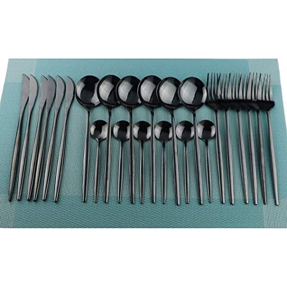 NAMZI 24-Piece Silverware Set - Stainless Steel Reusable Utensils Forks Spoons Knives Set, Mirror Polished Cutlery Flatware Set, Great for Family Gatherings & Daily Use (6 set, Black)