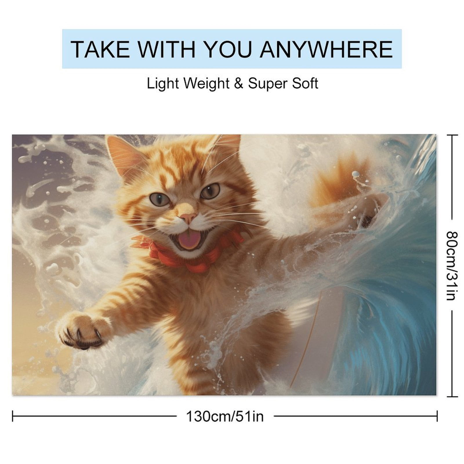 Surfing Cat Microfiber Beach Towel Lightweight 63''x32'' Oversized Extra Large Towels Quick Dry for Travel Pool Yoga Gym Sports Accessories Vacation Essential