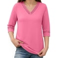 thumbnail image 4 of ClodeEU Women's V Neck Elbow Sleeve Blouse,Casual Loose Fit Solid Color Top Watermelon Red,Women's Plus M, 4 of 7