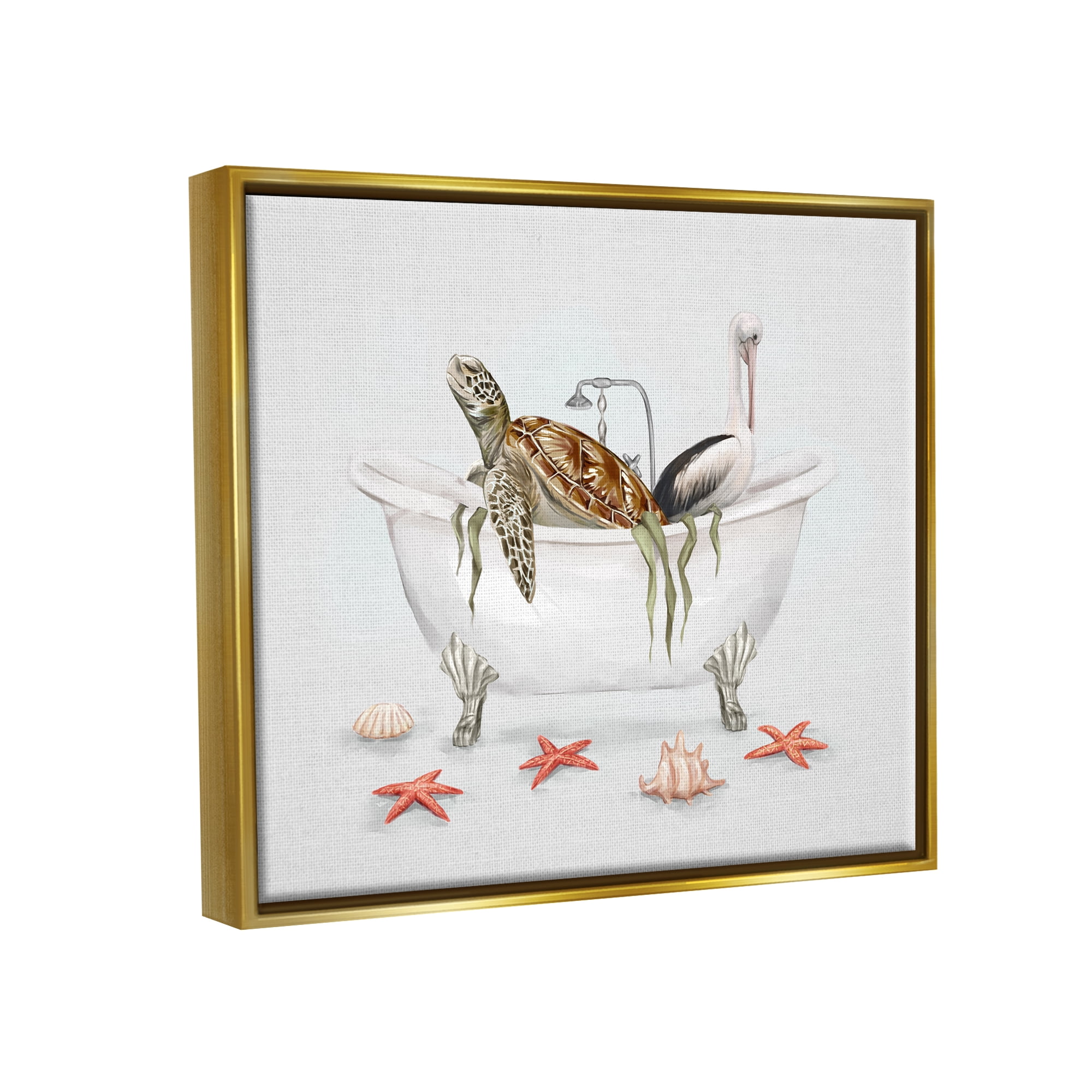 Stupell Industries Turtle & Pelican in Tub Animals & Insects Painting Gold Floater Framed Art Print Wall Art, 31 x 25