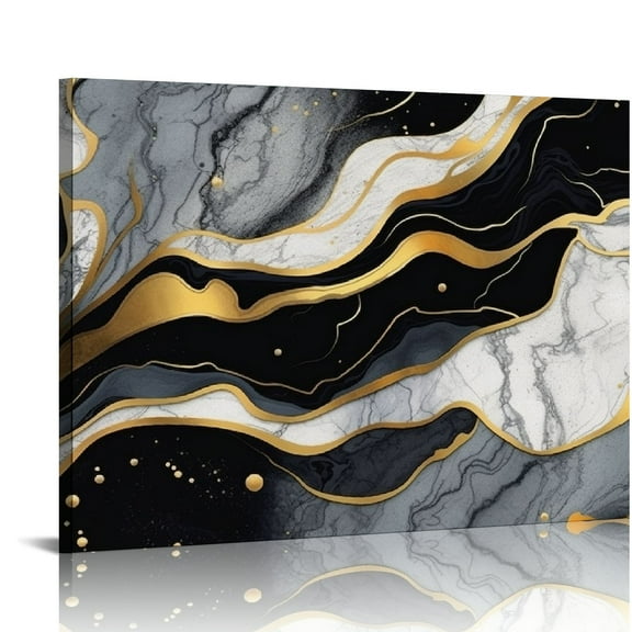 COMIO Black White Gray Gold Abstract Wall Art Modern Gold Foil Abstract Paintings Lines Yellow and White Prints with Black Gold Marble Canvas Picture Abstract Poster Marble Black Artwork