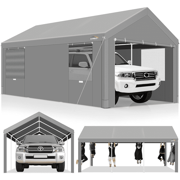 COBIZI Carport 10'x20' Large Heavy Duty Car Tent with Powder-Coated Steel Frame, Portable Garage with Removable Sidewalls & Doors, Car Canopy with All-Season Tarp for Outdoor Party, Birthday, Gray