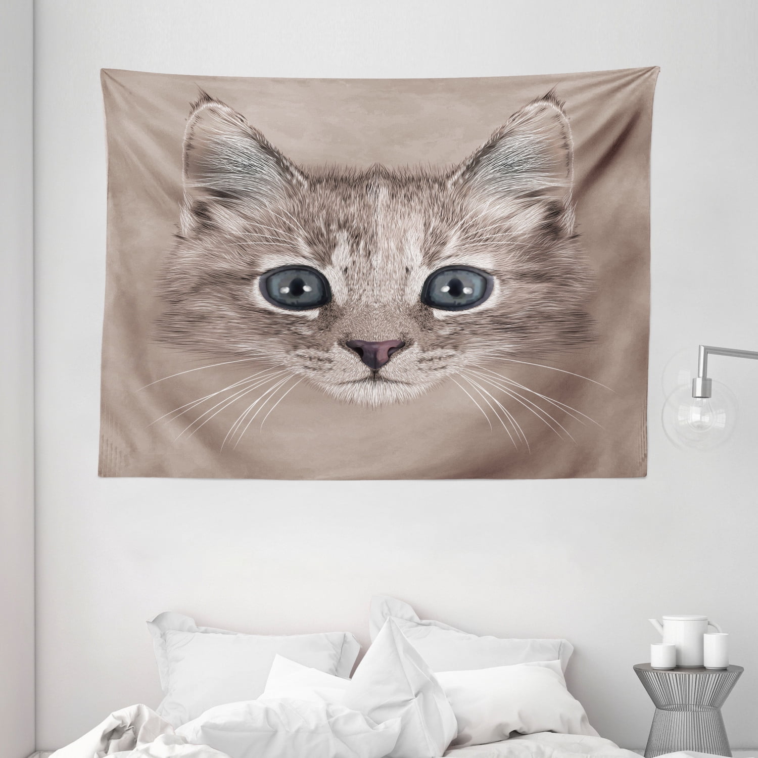 Animal Tapestry, Portrait of Domestic Cat Cute Face Baby Kitten Pet Whiskers Fluffy Feline, Wall