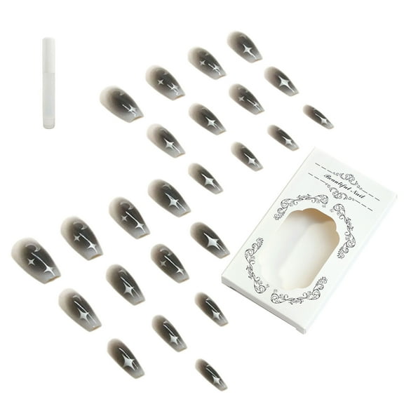 Long False Nails with Star Full Cover Stick on Nails Black Gradient Press On Nails Manicures Supplies for Halloween