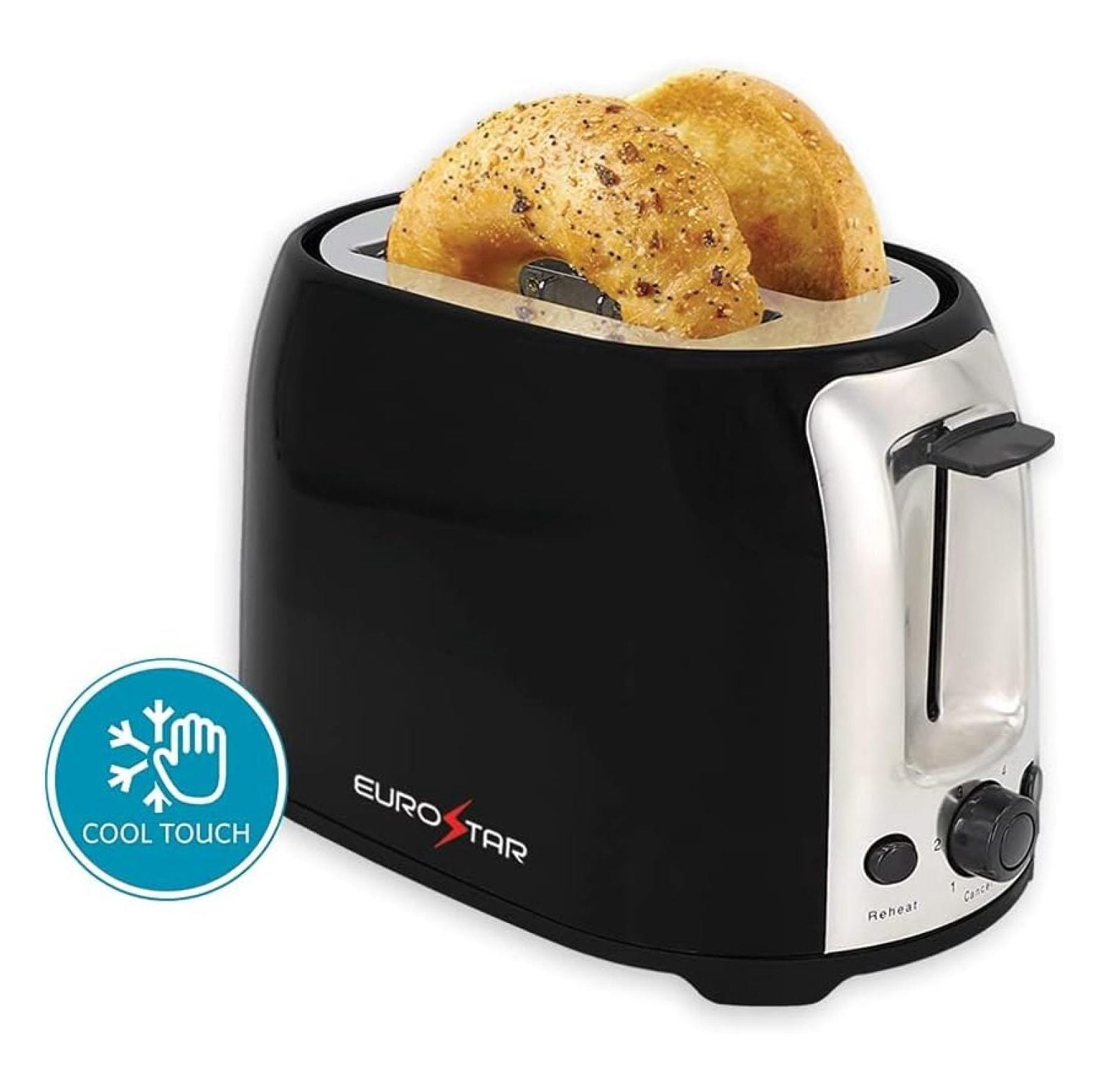 2 Slice Toaster, ET750B Cool Touch Wide Slot Toaster with Reheat & Defrost, Black Stainless Steel