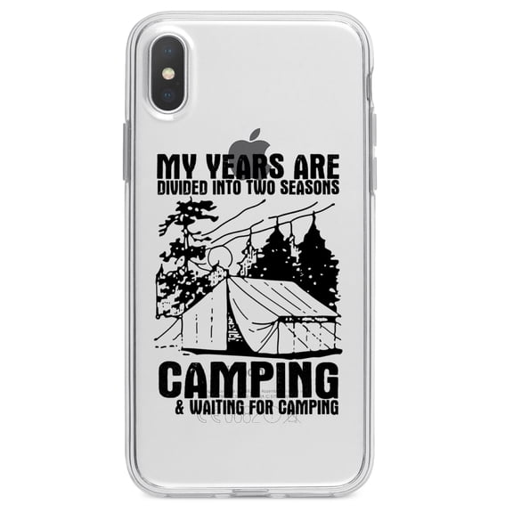 DistinctInk Clear Shockproof Hybrid Case for iPhone X / XS (5.8" Screen) - TPU Bumper Acrylic Back Tempered Glass Screen Protector - Two Seasons - Camping, Waiting for Camping