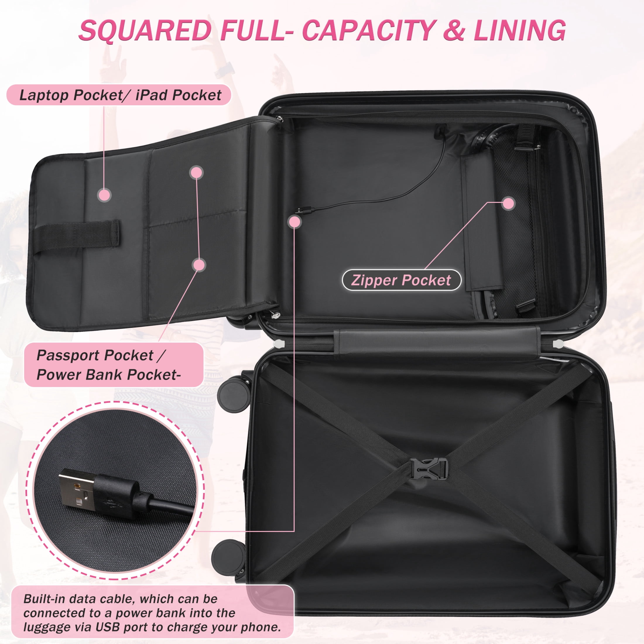 GDF Studio 5-Piece Hardside Luggage Set, Carry-On Suitcase with USB Port and Checked Bags, Spinner Wheels, Pink