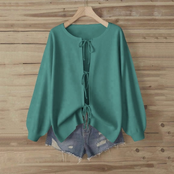 BLTIBY Women Tie Front Cardigan Jacket Lightweight Fall Fashion Y2k Coat Casual Crew Neck Loose Fit Solid Outwear Green S