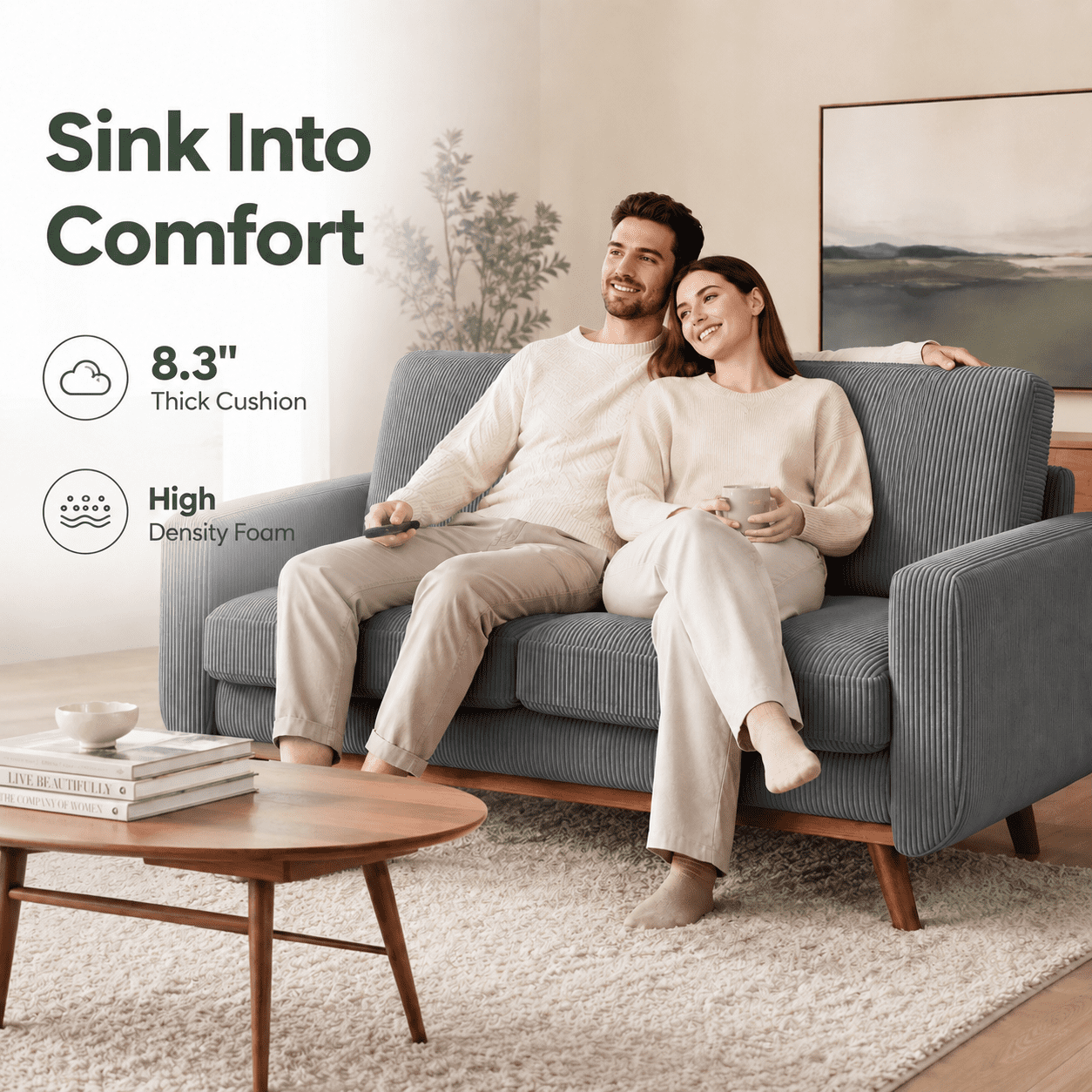 Neche 68" Corduroy Sofa for Living Room, 2 Seater Modern Couch for Small Space Office, Comfy Loveseat in a Box, Grey
