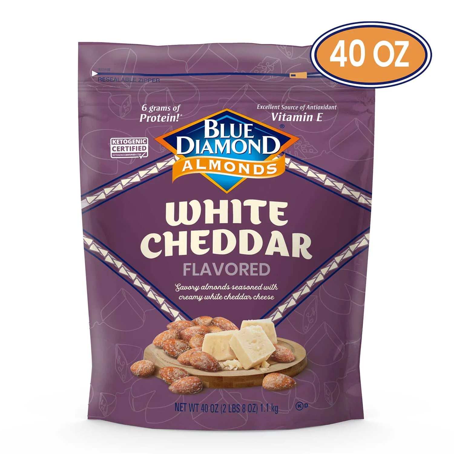 Blue Diamond Almonds White Cheddar Flavored Snack Almonds, 40 oz Resealable Bag