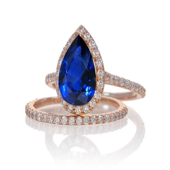 2 Carat Sapphire and Diamond Halo Bridal Ring Set on 10k Rose Gold