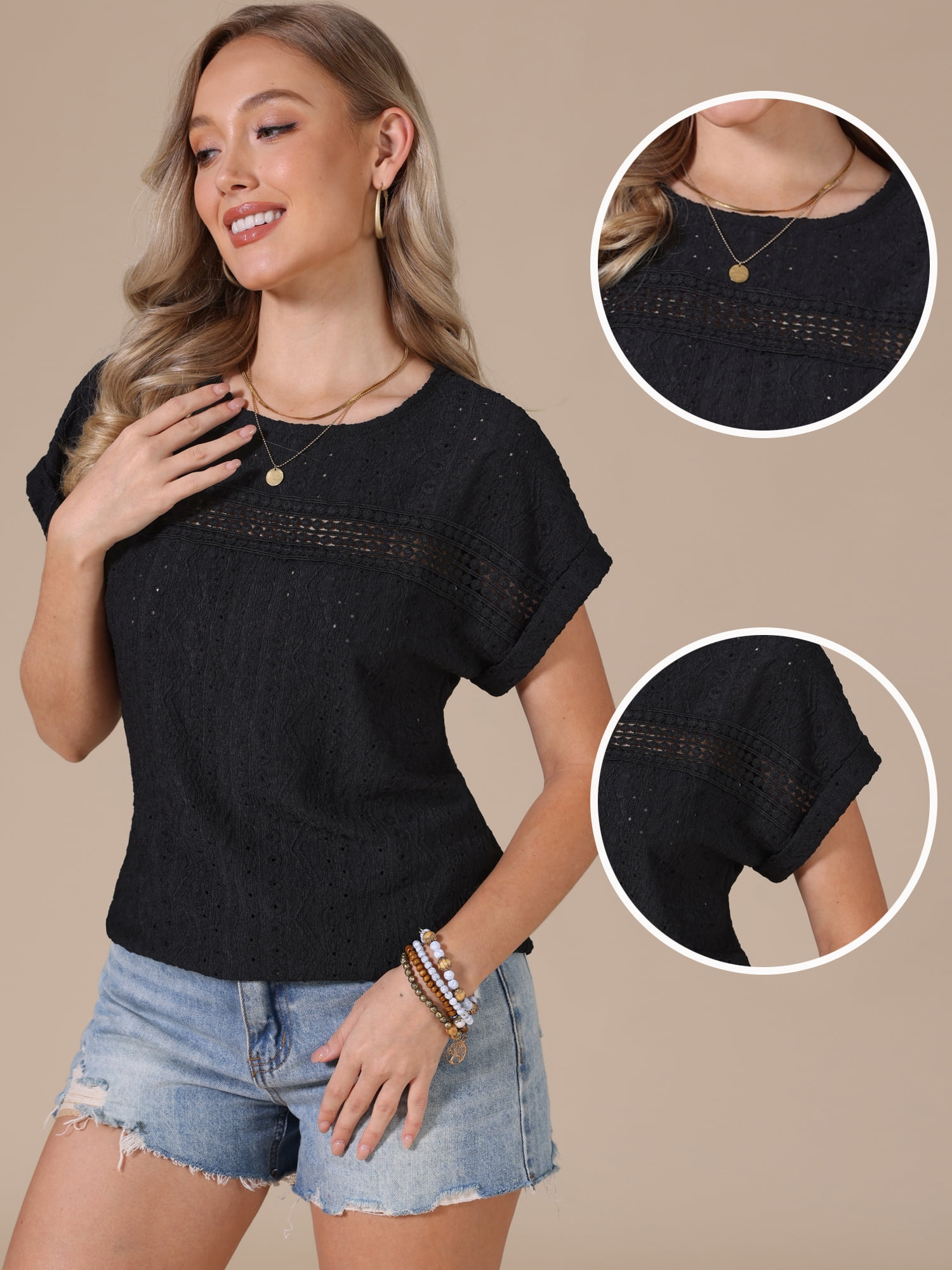 DARING DIVA Women's Short Sleeve Hollow Out Casual Eyelet Tops S Black