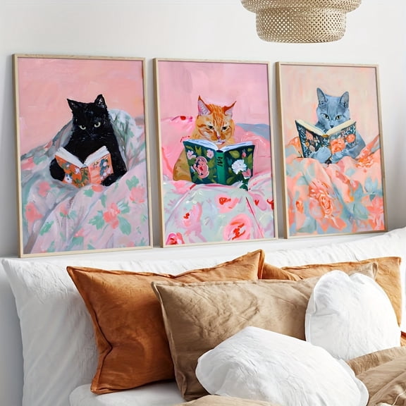 3pcs Set Unframed Art Decor Posters, Modern Minimalist Cute Cats Reading Books, Trendy Canvas Prints, Ideal for Bedroom, Office, Dorm, Apartment, Living Room, Home Decor, Horizontal Ink Art, Canvas