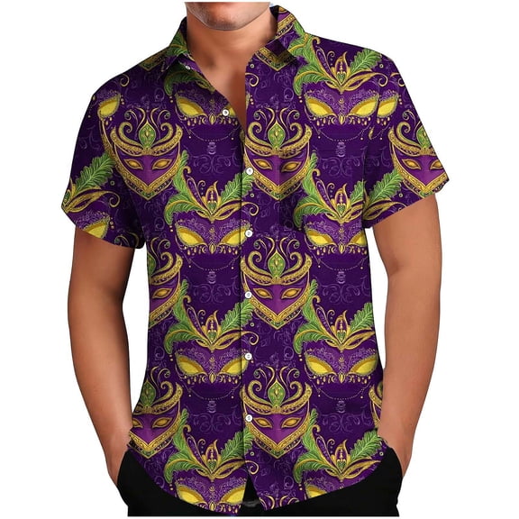 Mens Mardi Gras Shirt Mask Graphic Tee Button Down Short Sleeve Blouse Summer Hawaiian Shirts Carnival Festival Outfits Men