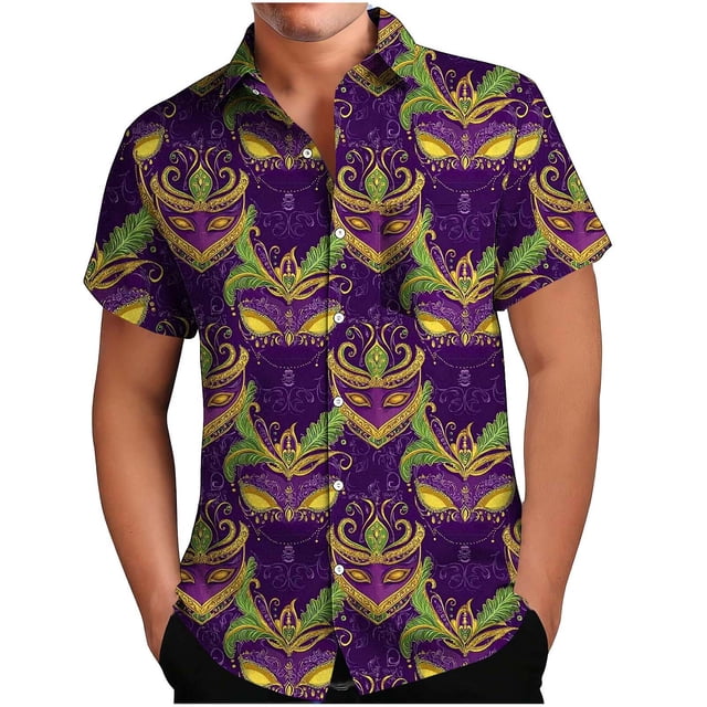 Mens Casual Botón Arriba Camisas Manga Corta Estampado de Carnaval Cuello Cubano Línea Mirar Verano