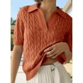 thumbnail image 3 of Short Sleeved Women Solid Color Lapel V Neck Casual Knit Cable Pullver Sweater, 3 of 4