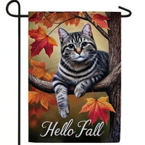 America Forever Hello Fall Striped Cat Garden Flag, 12.5 x 18 inch Double Sided, Autumn Tree Kitty Garden Flag, Cozy Kitten Autumn Decor, Seasonal Outdoor Decorative for Lawn and Garden
